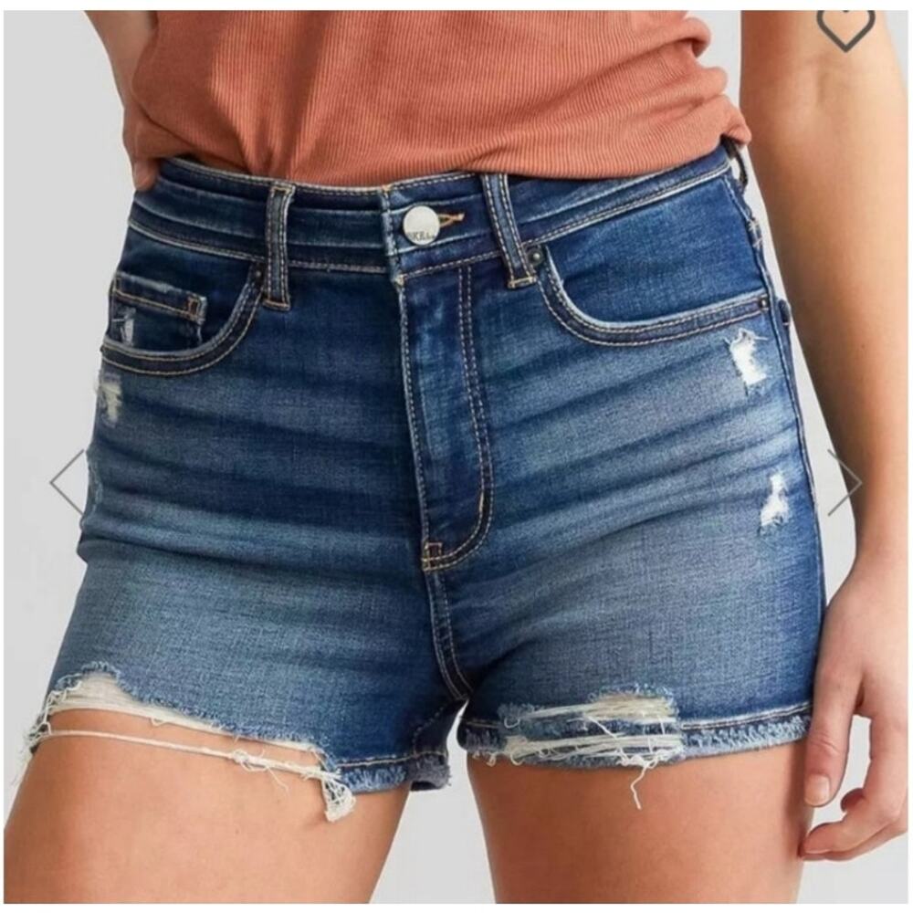High-Rise Distressed Denim Shorts - Blue